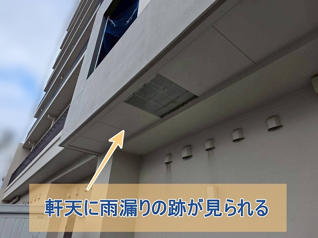 軒天に雨漏り跡が確認できた宿泊施設